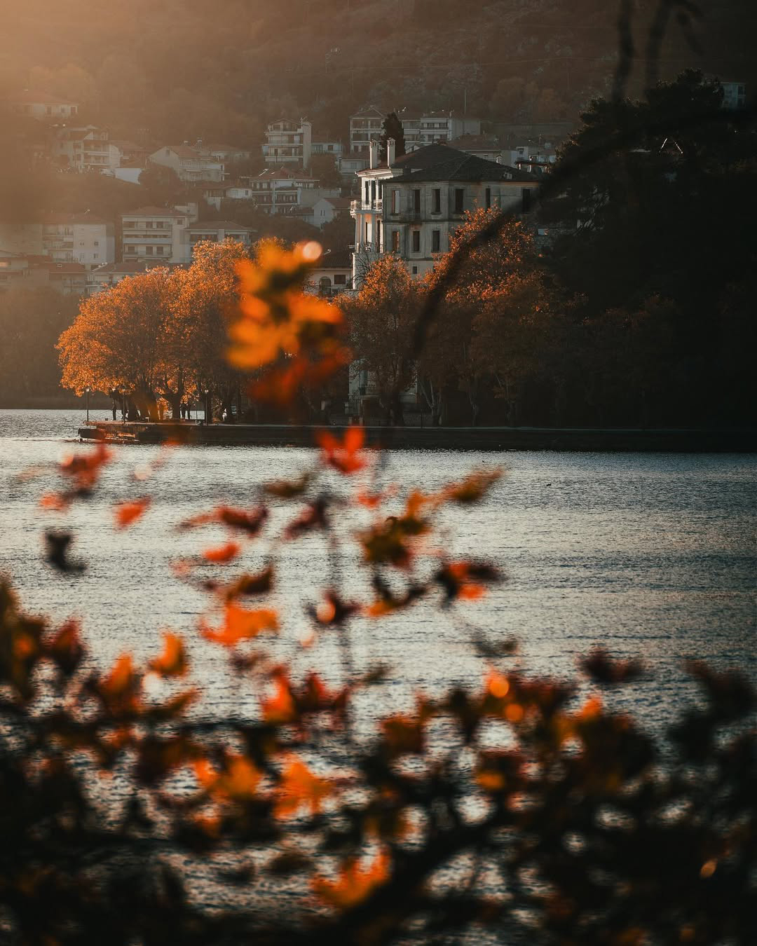 Lakeside view of Kastoria with neoclassical mansions reflected in calm water.