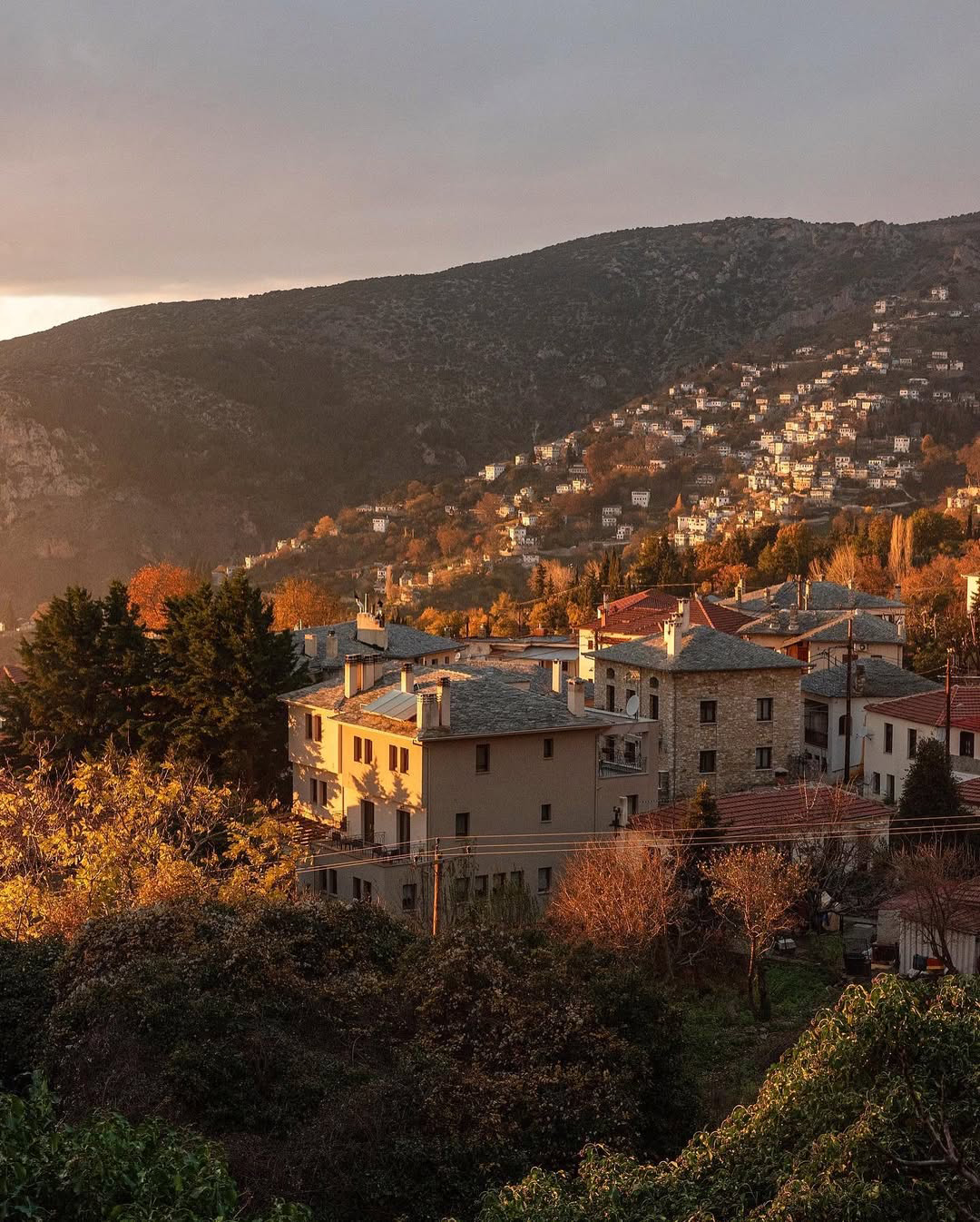 Autumn view of Pelion village in Greece, with stone houses and trees in golden light.