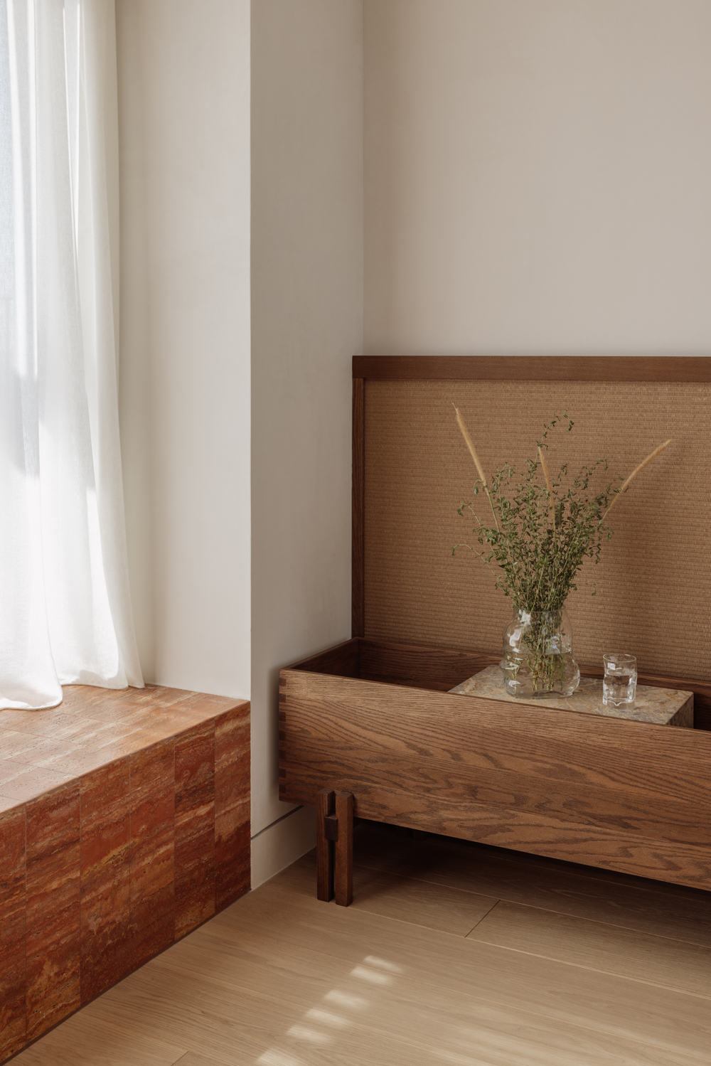 bedroom suite with muted tones, bespoke furniture