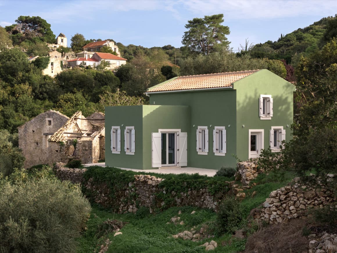 The summer house by Acre Architecture set among historic stone ruins in northern Kefalonia