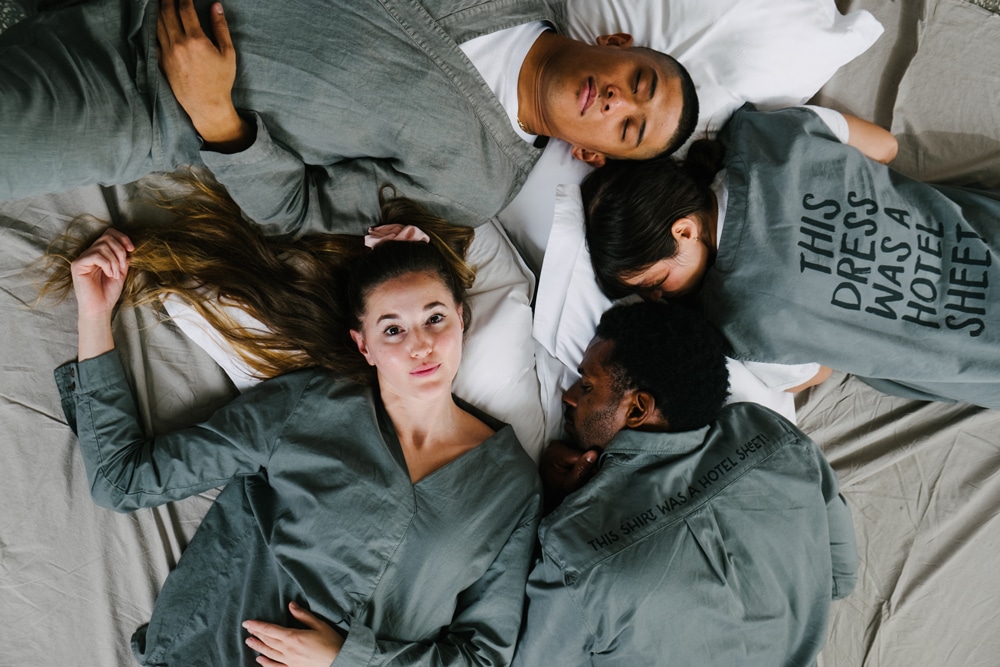 Close-up of fabric made from reused hotel towels combined with linen and cotton.