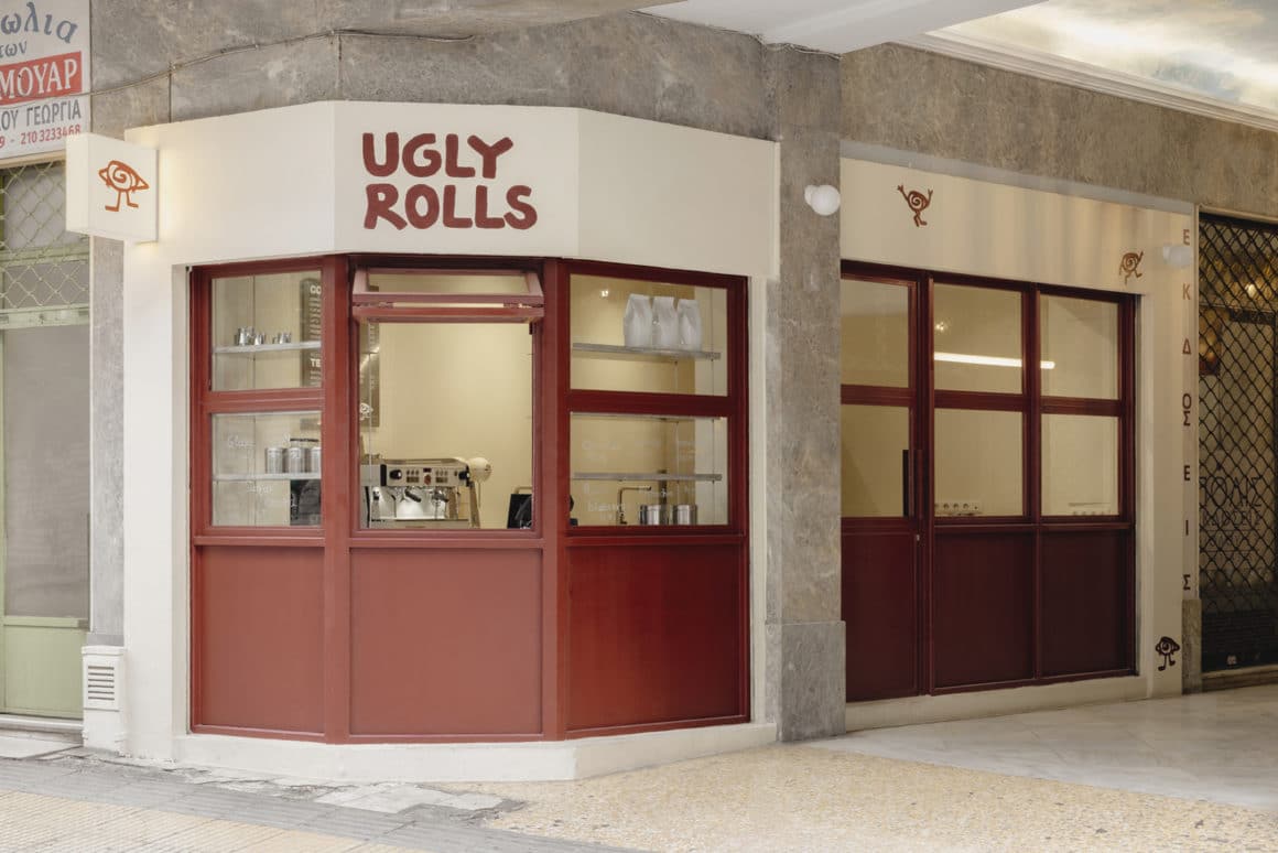 Exterior view of Ugly Rolls, a small corner bakery in the centre of Athens.