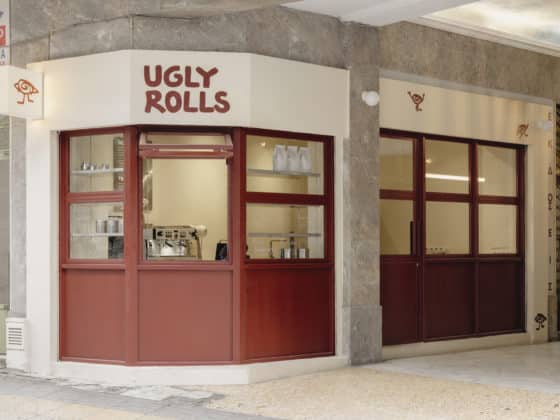 Exterior view of Ugly Rolls, a small corner bakery in the centre of Athens.