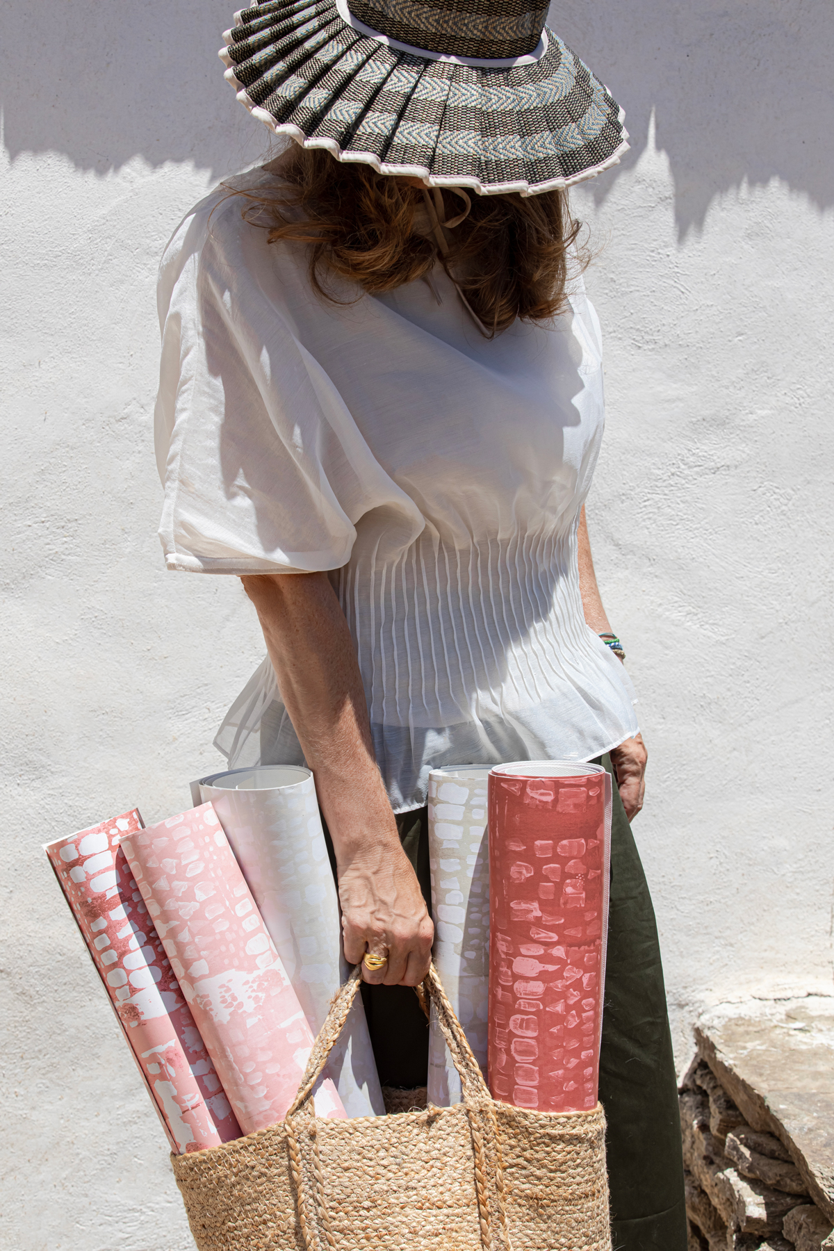 Textile and wallpaper pairing from Theodora Miller’s debut interiors collection photographed on Tinos Island