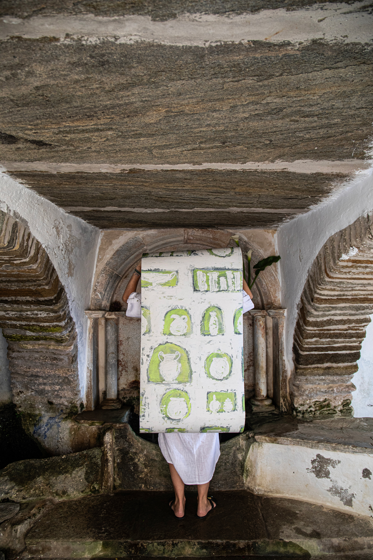 Linen-cotton textile from Theodora Miller’s Ancestral Collection featuring organic forms and earthy tones