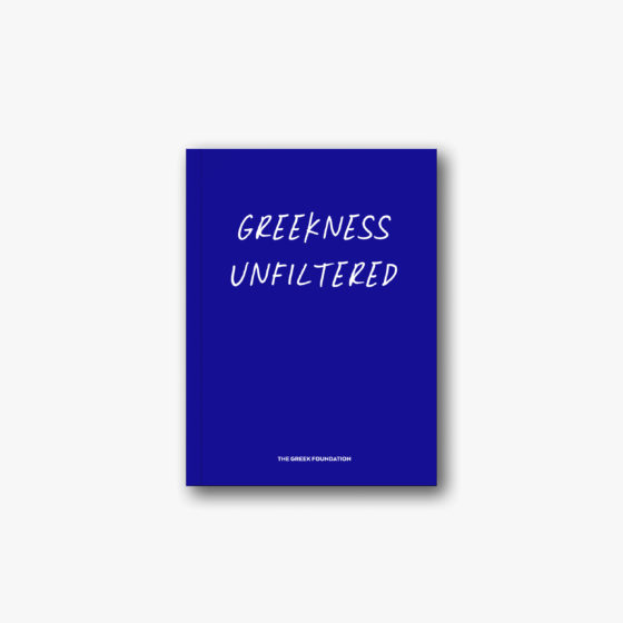 Greekness Unfiltered book by The Greek Foundation featuring a blue cover with handwritten typography
