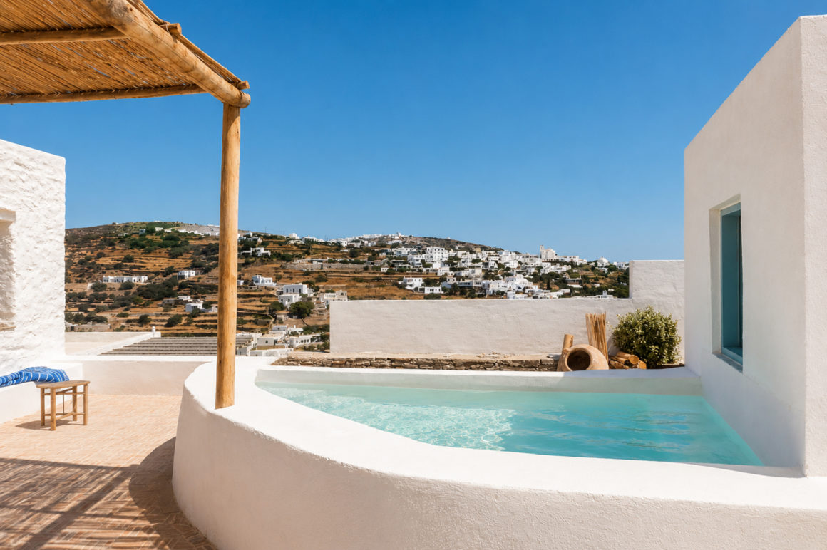 Exterior view of the restored traditional cells in Chora, Sifnos, by A&O Architects.