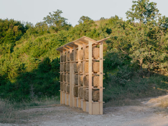 Metabolic Wall timber and hay pavilion by Akro Studio and Studio Felix Verheyden in the Italian countryside.